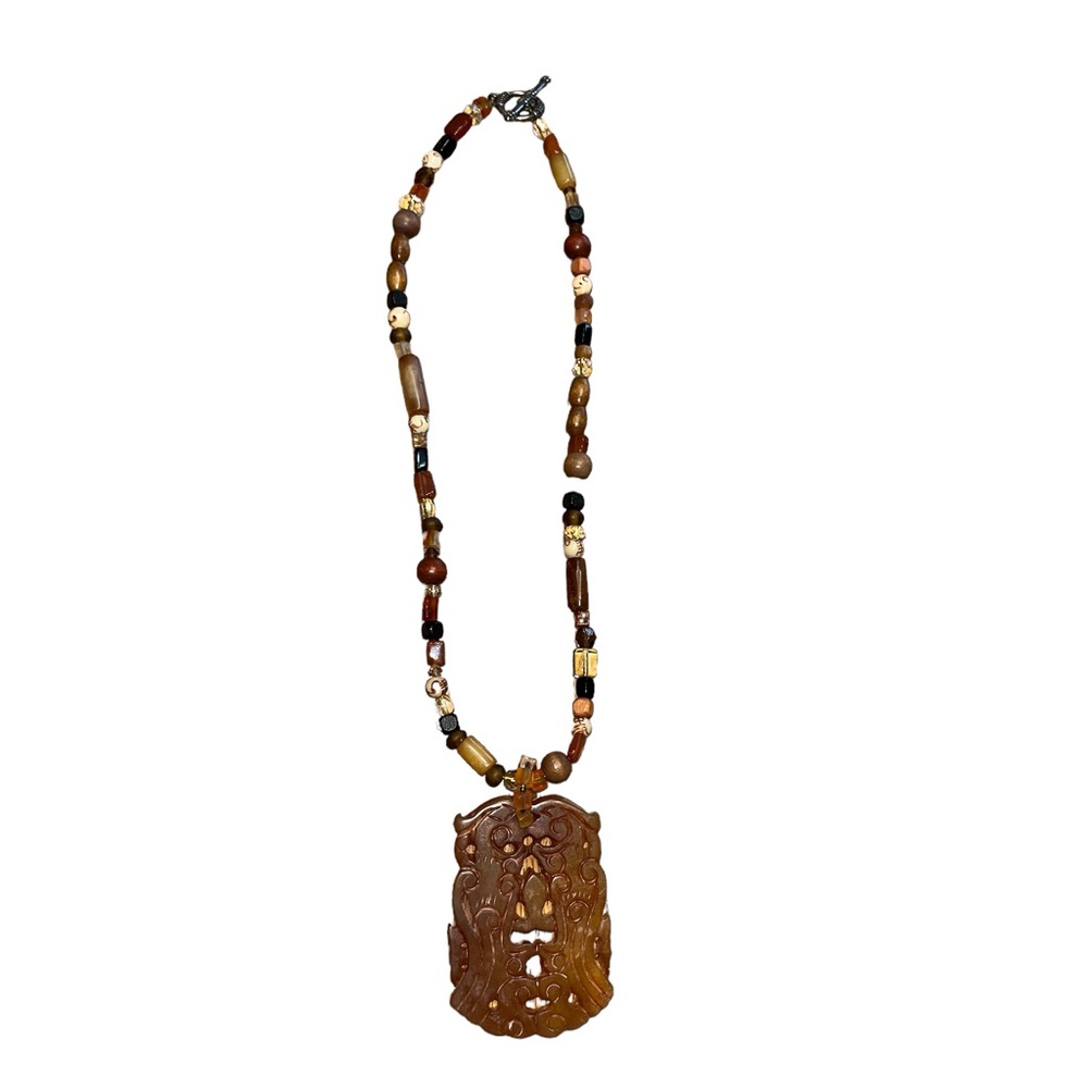 Carved Brown Jade Pendant Necklace